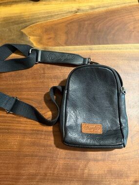 Wrangler Black Mini Crossbody Sling with Tan Logo Patch